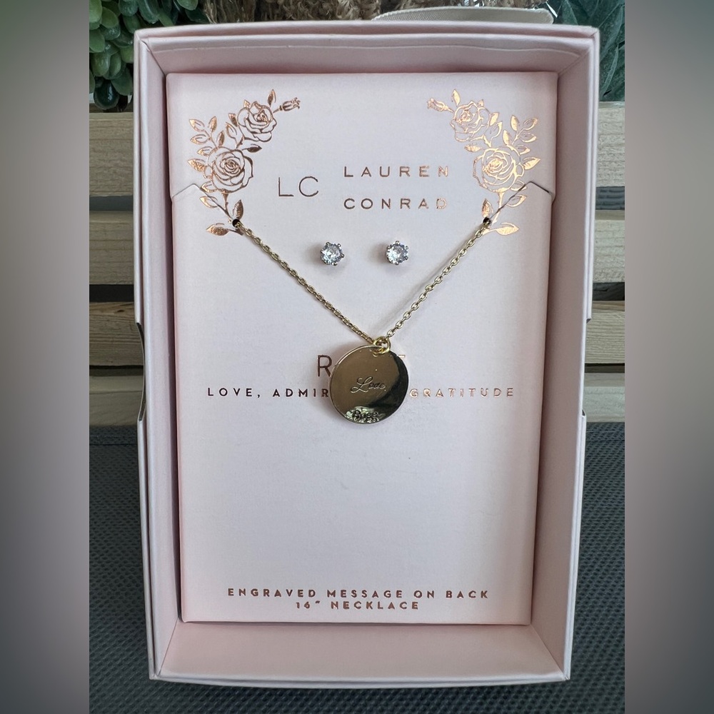 LC Lauren Conrad Gold Rose Engraved Necklace Earrings Set - Picture 2 of 3